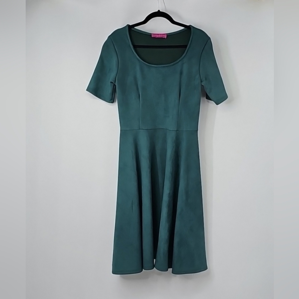 Melissa Masse‎ Green Faux Suede Fit & Flare Short Sleeve Dress Sz:M CottageCore